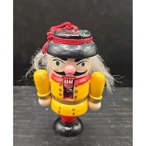 Vintage Wooden Nutcracker Ornament Red and Yellow‎ with Hinged Jaw, 3" Tall